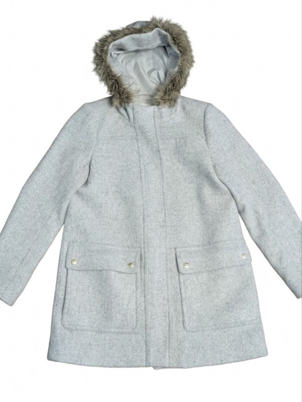 J.Crew Château Parka Wool Jacket Light Gray Fur Trim Hood Sz 4 Peacoat Coat